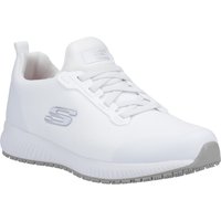White Skechers workwear shoe with lace-up design, slip-resistant sole, and embossed logo on the side.