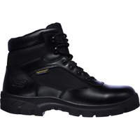 Black Skechers waterproof tactical boot, lace-up design, padded collar, rugged sole, size 11, by Footsure Western Limited.