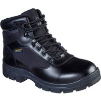 Black Skechers waterproof tactical boot with lace-up front, padded collar, and rugged sole, size 7.