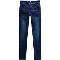 Dark blue skinny jeans with high waist, button closure, and subtle fading by Salsa Jeans.