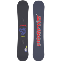 Black Salomon "Sleepwalker" snowboard with red logo, graphic of a creature, and blue accents on a dark base.