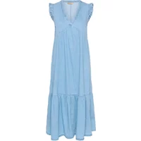 Sleeveless blue dress with ruffled cap sleeves, V-neck, and tiered skirt.
