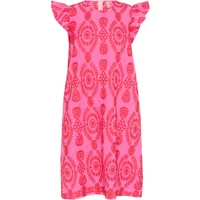 Pink sleeveless dress with red geometric patterns and ruffled shoulders.