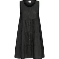 Sleeveless black dress by Ichi Foxa with buttoned front and tiered skirt design.