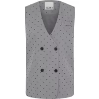 Gray sleeveless jacket for women by Ichi Dorthea, double-breasted with black polka dots and two front buttons.