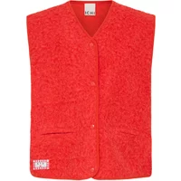 Red sleeveless Ichi Ember jacket with textured fabric, V-neck, and button closure.