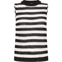 Sleeveless black and white striped knit jacket for women by Ichi, featuring a round neckline and open knit design.