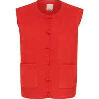 Red sleeveless jacket for women by Ichi, featuring a round neckline, toggle buttons, and two front pockets.