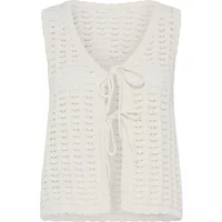 White sleeveless crochet jacket with V-neck and front tie closure, featuring a delicate open-knit pattern.