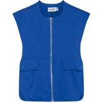 Blue sleeveless women's jacket by Ichi IHKate, featuring a front zipper and two flap pockets.