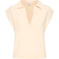 Cream sleeveless jacket for women by Ichi with a V-neck and wide collar.