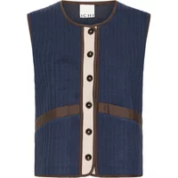 Sleeveless navy jacket for women by Ichi IHXellie, featuring brown trim and black buttons on a beige placket.