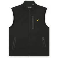 Black sleeveless jacket by Lyle & Scott with front zipper, two zippered pockets, and yellow eagle logo on chest.