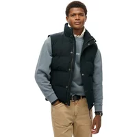 Sleeveless black Superdry Everest jacket with padded design, high collar, and front snap-button closure.
