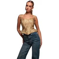 Sleeveless jacquard corset with lace-up back, gold floral pattern, square neckline, fitted waist, worn by model.