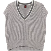 Gray ribbed sleeveless jumper with V-neck and contrasting trim by Stefanel.