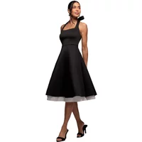 Sleeveless black ruffle dress with bow, contrast organza hem, A-line silhouette by Goddiva.