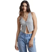 Gray sleeveless women's cardigan by 24 Colours, ribbed texture, V-neck, buttoned front, paired with blue jeans.