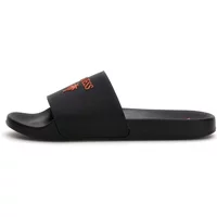 Black Guess Palma slides with orange logo on strap, contoured footbed, and flat sole.
