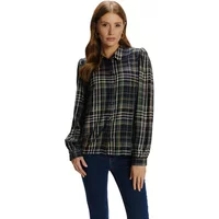 Plaid slightly puffed long sleeve shirt with collar, worn by a woman, featuring dark tones and subtle green accents.