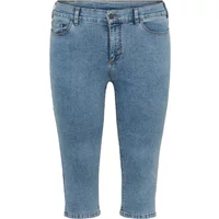 Blue slim capri jeans for women with front button and pockets by KAFFE Curve.