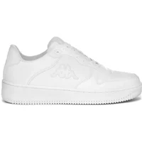 White Kappa Maserta sneakers with embossed logo, lace-up design, and textured sole.