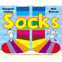Colorful children's book titled "Socks" with striped socks and cartoon kids on the cover.