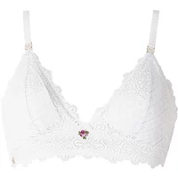 Soft white lace bra with removable cups, floral detail, adjustable straps, and scalloped edges.