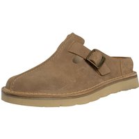 Brown Solsbury Mule suede shoes by Clarks with a slip-on design, buckle detail, and cushioned sole.