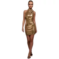 Gold sparkly backless bodycon dress with high neck and floral detail on shoulder by Goddiva.