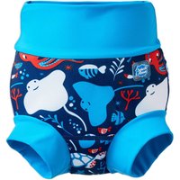 Dark blue reusable swim nappy with sea creatures, bright blue waistband and leg cuffs, size 0-3 months.