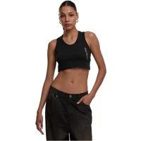 Black Dangerous DNGRS sports bra with racerback design and white logo on the side.