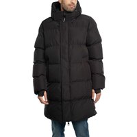 Black Superdry Sports Puffer Mid Jacket, quilted design, hooded, long length, zipper closure, worn by a male model.