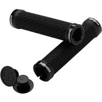 Black SRAM locking grips with textured surface, double clamps, and matching end plugs.