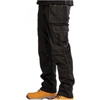 Black Stanley holster trousers with multiple pockets, reinforced knees, and yellow boots, waist 34in, leg 31in.