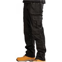 Black Stanley® holster trousers with multiple pockets, reinforced knees, and yellow stitching, worn with orange boots.