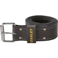 Dark brown Stanley leather belt with silver buckle and yellow logo, featuring white stitching and rivet accents.