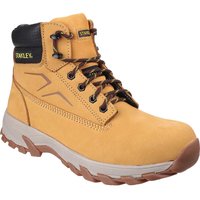 Tan Stanley Tradesman Safety Boots with black collar, metal eyelets, and rugged rubber sole.