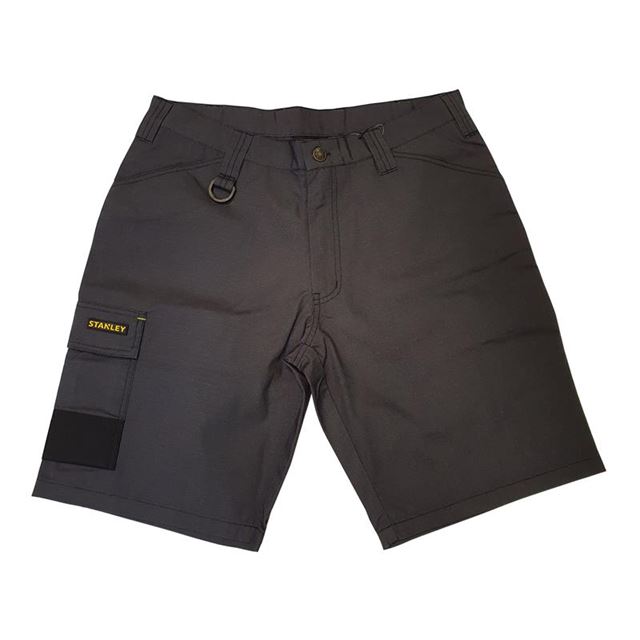 Grey rip-stop cargo shorts with a 38-inch waist, featuring a side pocket, belt loops, and a Stanley logo patch on the front.