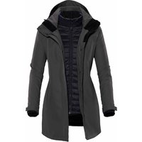 Charcoal twill women's jacket with hood, zip front, and quilted inner lining, size XL by Stormtech.