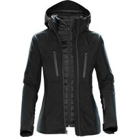 Black Stormtech women's jacket with hood, zippered chest pockets, and quilted interior lining, size small.