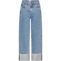 Light blue straight jeans for women by Ichi, featuring a high waist and wide cuffs.