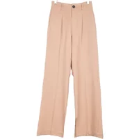 Beige straight leg trousers with discreet pattern, high waist, front pleats, and button closure.