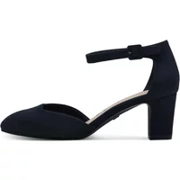 Black strappy heels by Tamaris with ankle strap and block heel design.
