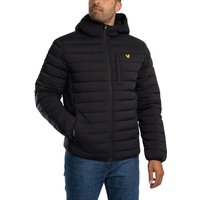 Black quilted jacket with hood, front zipper, and yellow logo on chest, worn by a model in blue jeans.