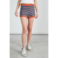 Striped crochet shorts in orange, blue, and gray with a fitted waistband and scalloped hem.