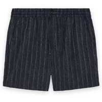 Navy striped linen shorts by Lyle & Scott with elastic waistband and subtle vertical white lines.