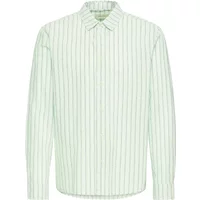 White long-sleeve shirt with thin vertical green stripes, button-down collar, and cuffs by Blend BHAban.