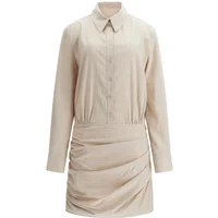 Beige striped shirt dress for women with long sleeves, collared neckline, and ruched skirt by Guess Veronica.
