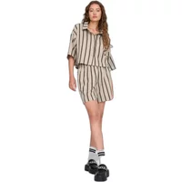 Women's striped shorts by 24 Colours, beige with black vertical stripes, elastic waistband, casual fit.